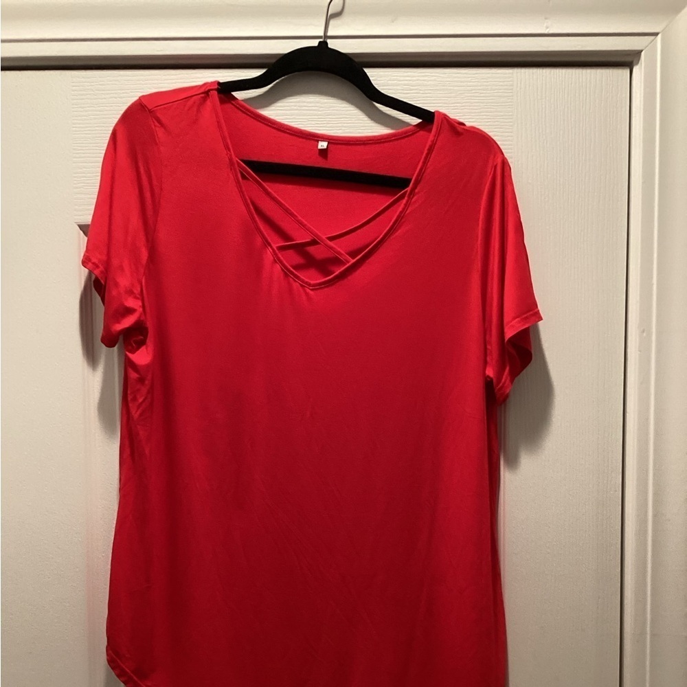 Chic Red Crisscross V-Neck Tee